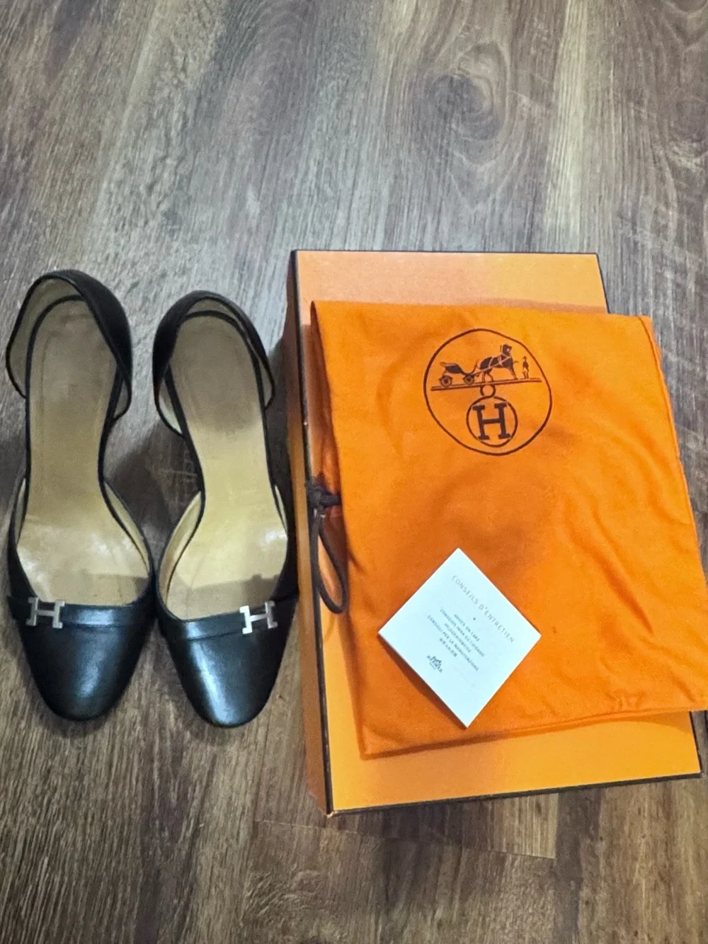 Hermes Black D'Orsay Pumps with Silver H Accent